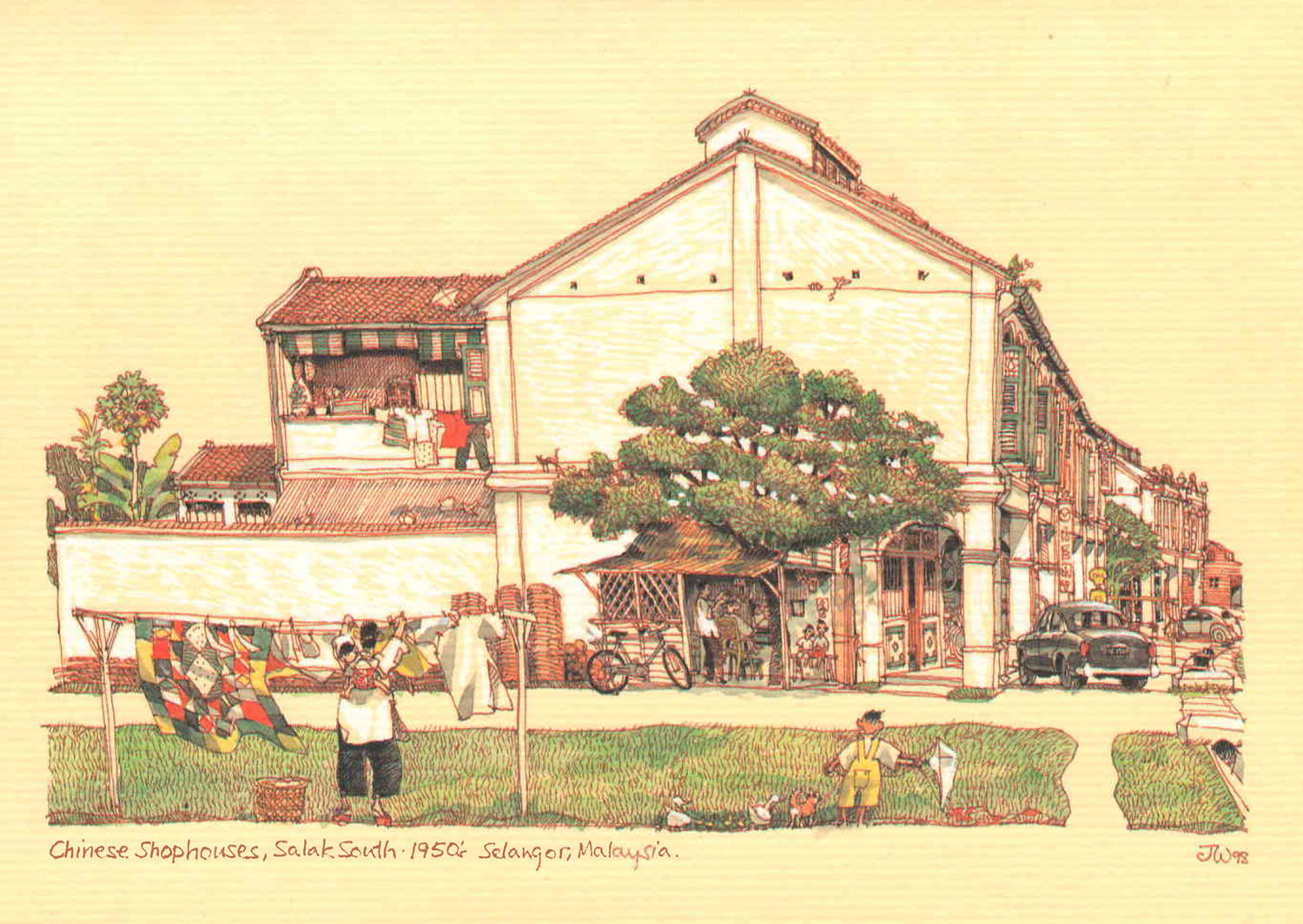 Chinese Shophouses, Salak Sentuh, 1950, Selangor, Malaysia British colonial Malaya architecture painting art architect malaysia